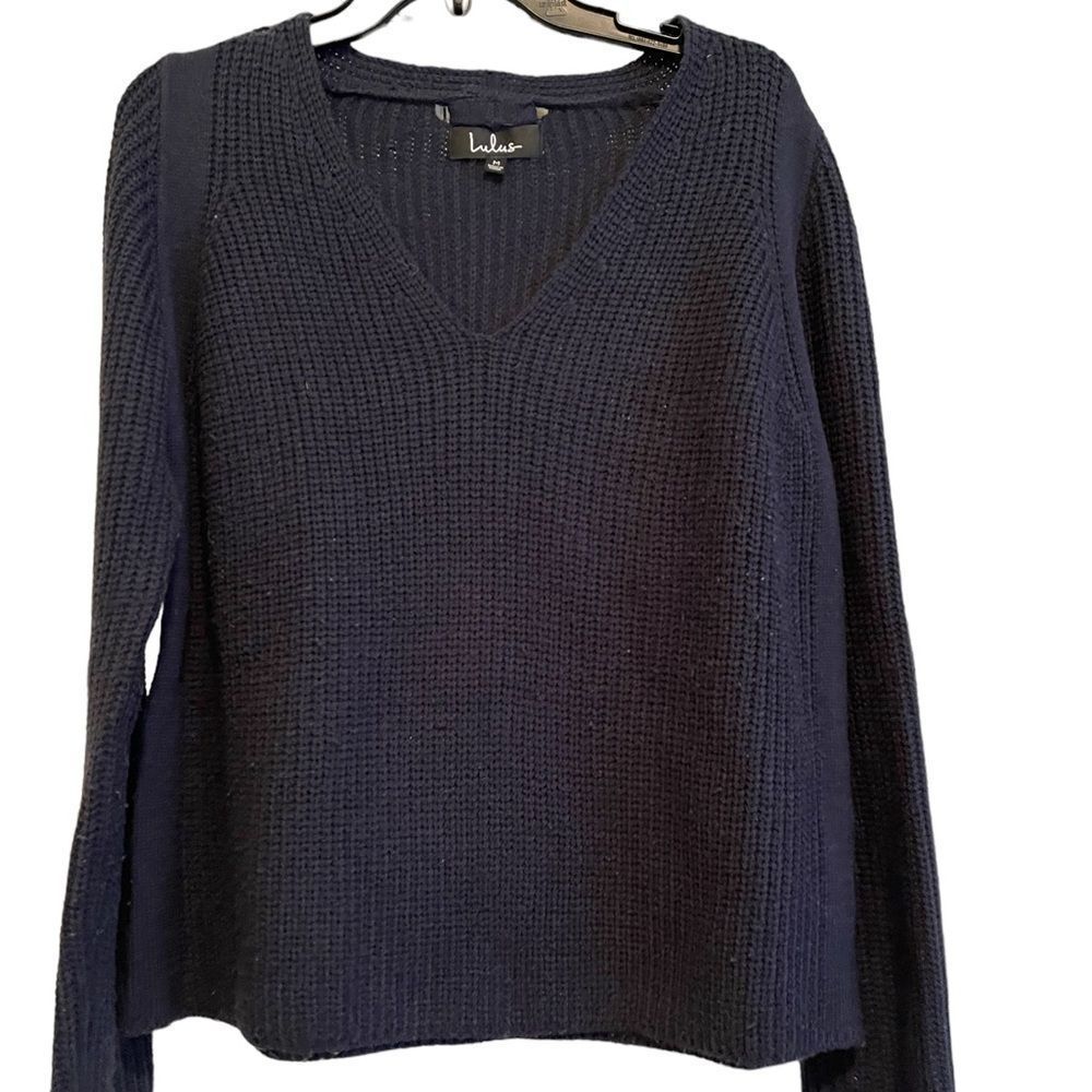 Navy V Neck Sweater with texture details at shoulders